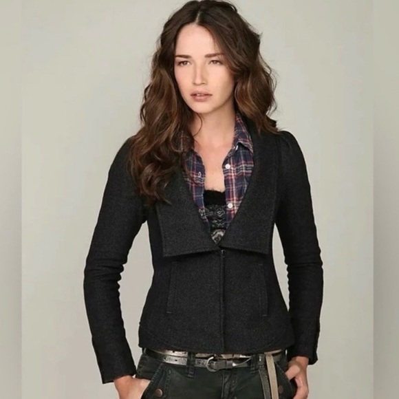 Free People Tweed Blazer Jacket Puff Sleeve Lined Gray Tweed Herringbone Sz 0 - Picture 1 of 12